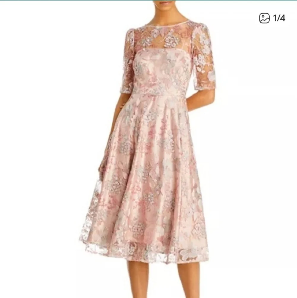 Eliza J Pink Embroidered Lace Overlay Fit & Flare Midi Dress Girly Glinda Spring - Picture 1 of 14